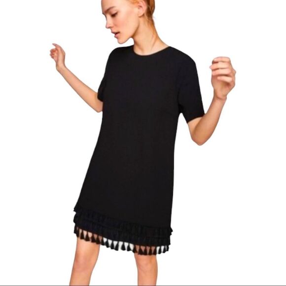 Zara Black Tassel Hem Boho Short Sleeved Shift Mini Dress Size S - Picture 1 of 8